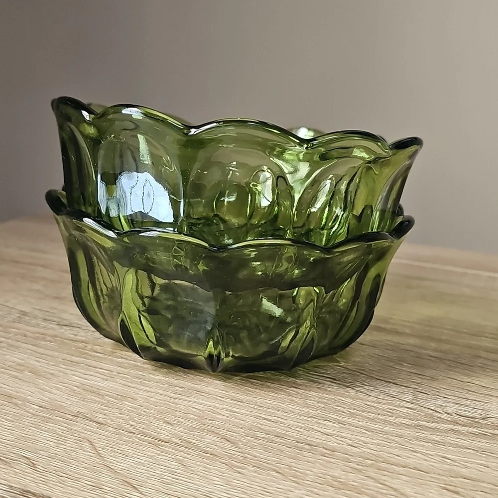 Pair Of Elegant Green Glass Bowls with Scalloped Design 6inch Diameter